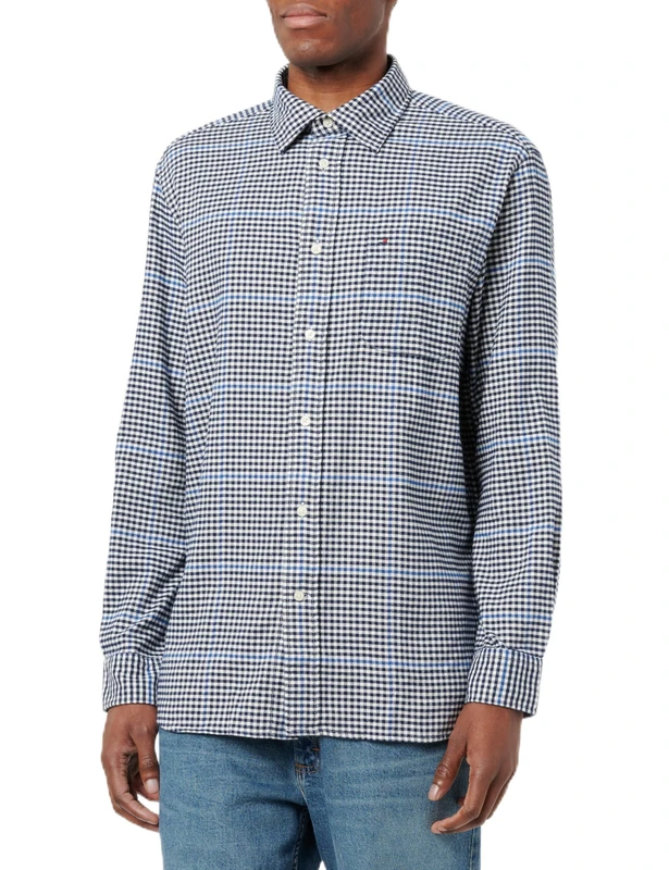 Tommy Hilfiger Men’s Long Sleeve Brushed Gingham Overcheck Cotton Shirt with Breast Pocket, Blue (Carbon Navy/Multi), 3XL