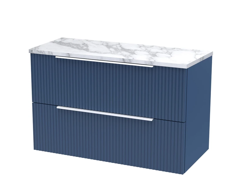 Hudson Reed DFF395LCM Fluted Modern Bathroom Wall Hung 2 Soft Close Drawer Vanity Unit and Carrera Marble Laminate Worktop, 800mm, Satin Blue