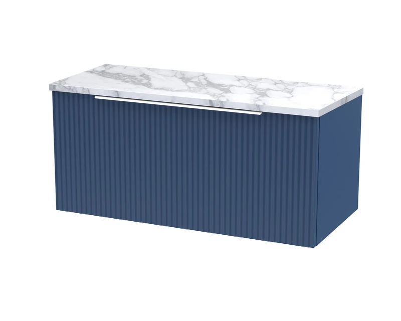 Hudson Reed DFF396LCM Fluted Modern Bathroom Wall Hung Single Soft Close Drawer Vanity Unit and Carrera Marble Laminate Worktop, 800mm, Satin Blue