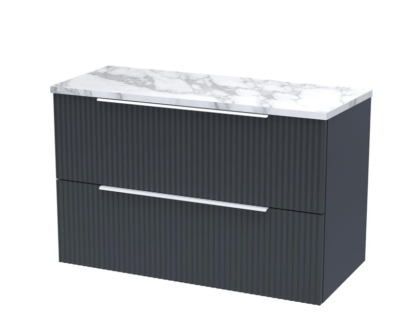 Hudson Reed DFF1495LCM Fluted Modern Bathroom Wall Hung 2 Soft Close Drawer Vanity Unit and Carrera Marble Laminate Worktop, 800mm, Soft Black