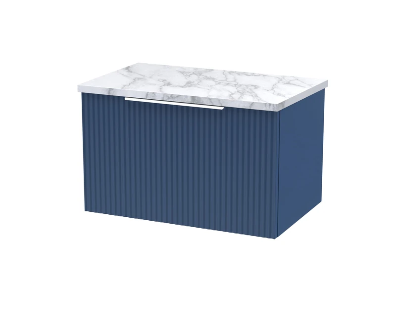 Hudson Reed DFF394LCM Fluted Modern Bathroom Wall Hung Single Soft Close Drawer Vanity Unit and Carrera Marble Laminate Worktop, 600mm, Satin Blue