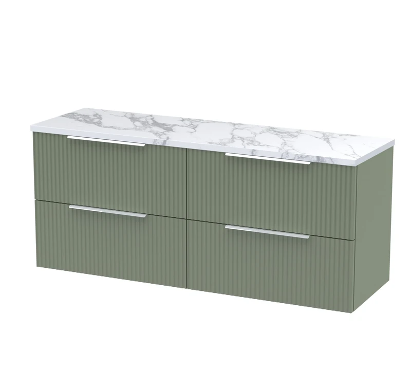 Hudson Reed DFF893LCM2 Fluted Modern Bathroom Wall Hung 4 Soft Close Drawer Vanity Unit and Carrera Marble Laminate Worktop, 1200mm, Satin Green