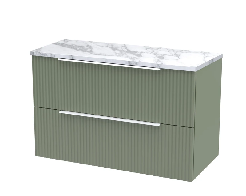 Hudson Reed DFF895LCM Fluted Modern Bathroom Wall Hung 2 Soft Close Drawer Vanity Unit and Carrera Marble Laminate Worktop, 800mm, Satin Green
