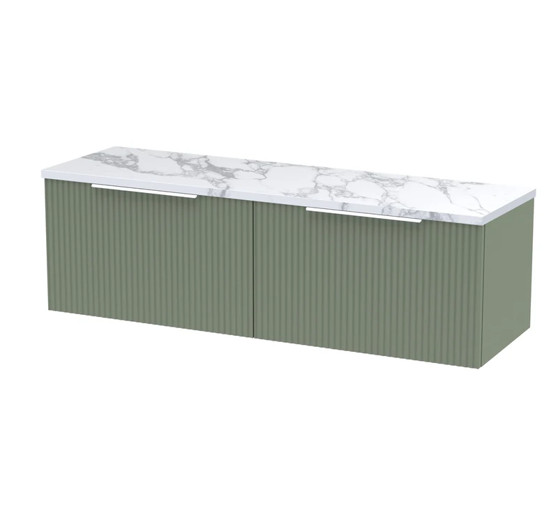 Hudson Reed DFF894LCM2 Fluted Modern Bathroom Wall Hung 2 Soft Close Drawer Vanity Unit and Carrera Marble Laminate Worktop, 1200mm, Satin Green