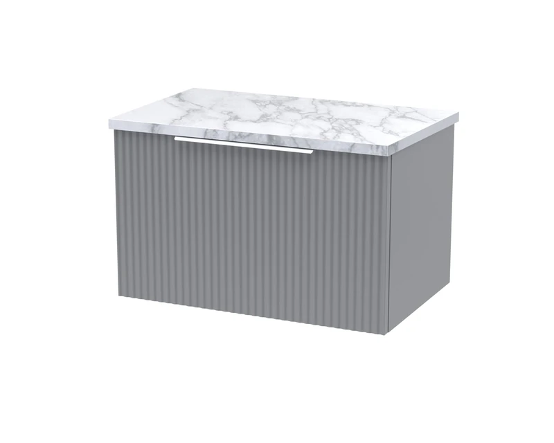 Hudson Reed DFF294LCM Fluted Modern Bathroom Wall Hung Single Soft Close Drawer Vanity Unit and Carrera Marble Laminate Worktop, 600mm, Satin Grey