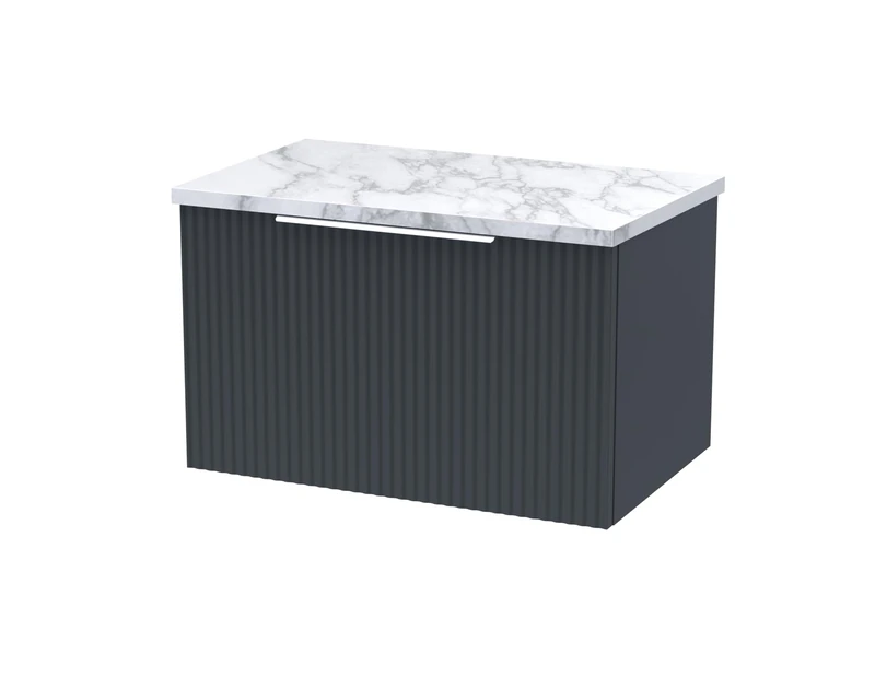 Hudson Reed DFF1494LCM Fluted Modern Bathroom Wall Hung Single Soft Close Drawer Vanity Unit and Carrera Marble Laminate Worktop, 600mm, Soft Black - Image 1