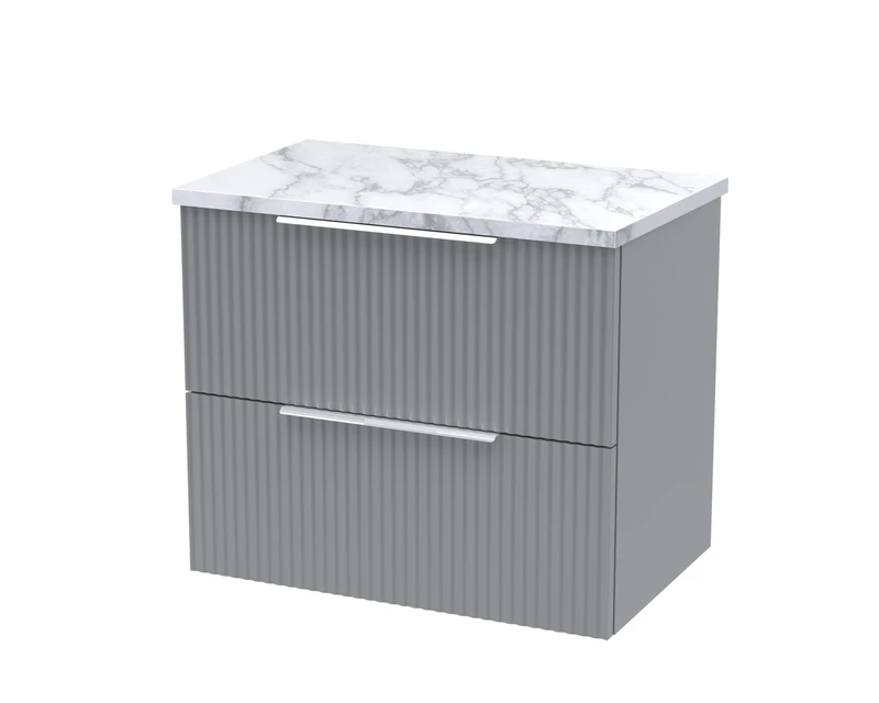 Hudson Reed DFF293LCM Fluted Modern Bathroom Wall Hung 2 Soft Close Drawer Vanity Unit and Carrera Marble Laminate Worktop, 600mm, Satin Grey