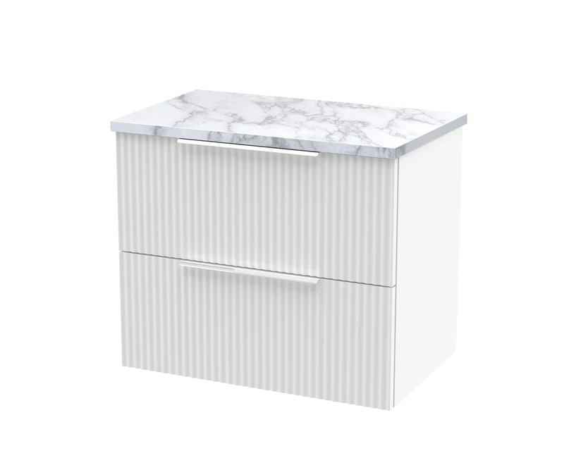 Hudson Reed DFF193LCM Fluted Modern Bathroom Wall Hung 2 Soft Close Drawer Vanity Unit and Carrera Marble Laminate Worktop, 600mm, Satin White