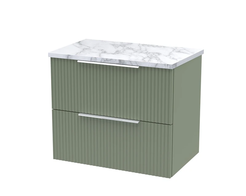 Hudson Reed DFF893LCM Fluted Modern Bathroom Wall Hung 2 Soft Close Drawer Vanity Unit and Carrera Marble Laminate Worktop, 600mm, Satin Green