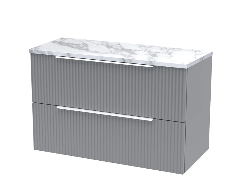 Hudson Reed DFF295LCM Fluted Modern Bathroom Wall Hung 2 Soft Close Drawer Vanity Unit and Carrera Marble Laminate Worktop, 800mm, Satin Grey