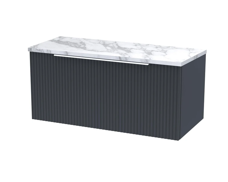 Hudson Reed DFF1496LCM Fluted Modern Bathroom Wall Hung Single Soft Close Drawer Vanity Unit and Carrera Marble Laminate Worktop, 800mm, Soft Black
