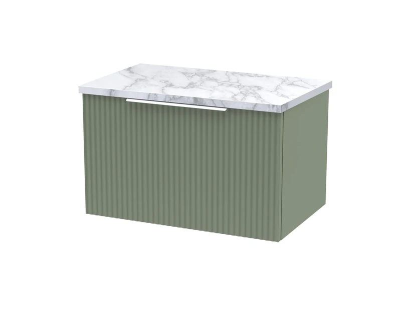 Hudson Reed DFF894LCM Fluted Modern Bathroom Wall Hung Single Soft Close Drawer Vanity Unit and Carrera Marble Laminate Worktop, 600mm, Satin Green