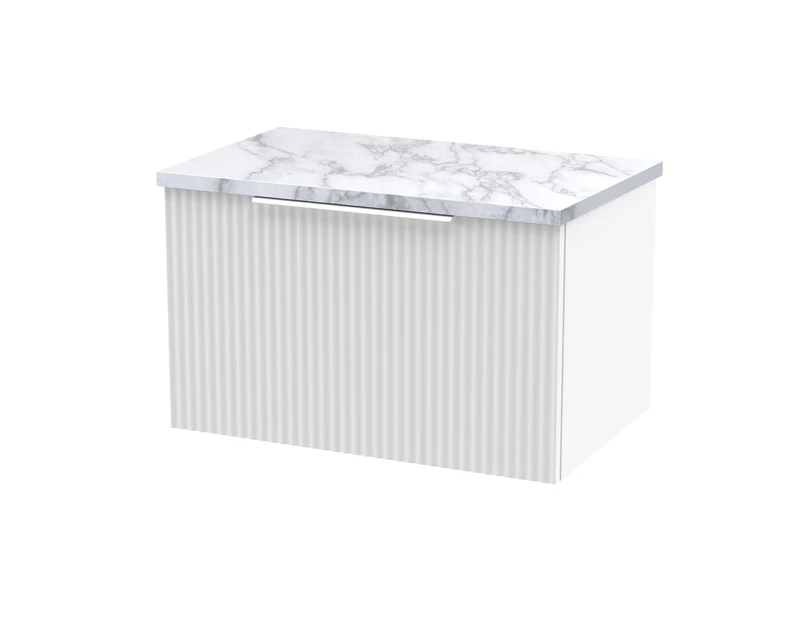 Hudson Reed DFF194LCM Fluted Modern Bathroom Wall Hung Single Soft Close Drawer Vanity Unit and Carrera Marble Laminate Worktop, 600mm, Satin White