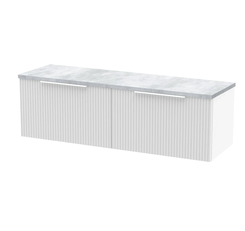 Hudson Reed DFF194LBG2 Fluted Modern Bathroom Wall Hung 2 Soft Close Drawer Vanity Unit and Bellato Grey Laminate Worktop, 1200mm, Satin White