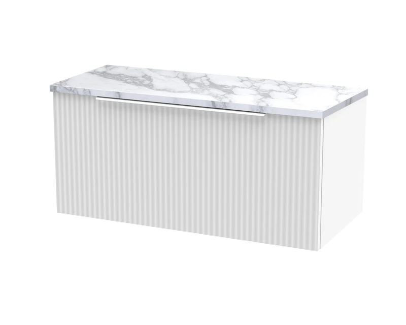Hudson Reed DFF196LCM Fluted Modern Bathroom Wall Hung Single Soft Close Drawer Vanity Unit and Carrera Marble Laminate Worktop, 800mm, Satin White
