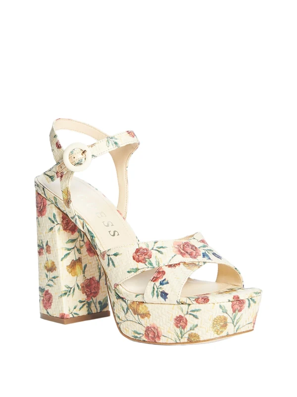 GUESS Women's Vallenn Sandal, Natural Floral 111, 4 UK