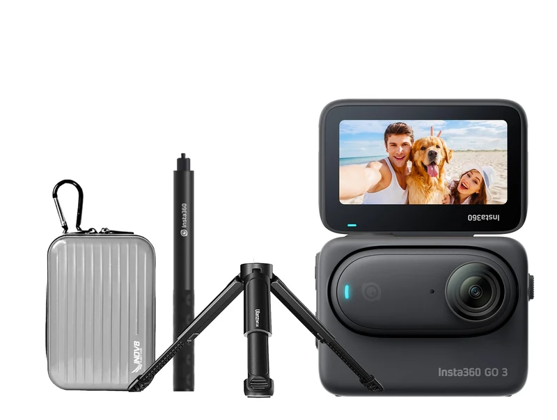 Insta360 GO 3 Black 128GB Premium Kit - The Tiny Mighty 2.7K Waterproof (5M) Action Camera with Action Pod and Flip Screen. Inc Invisible Selfie Stick, Extendable Desktop Tripod & Aluminum Camera Case