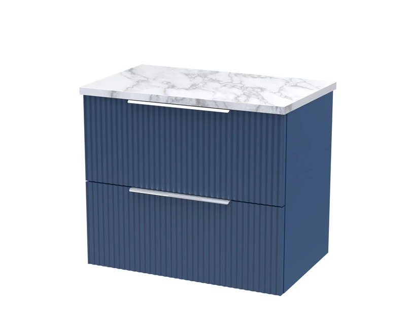 Hudson Reed DFF393LCM Fluted Modern Bathroom Wall Hung 2 Soft Close Drawer Vanity Unit and Carrera Marble Laminate Worktop, 600mm, Satin Blue