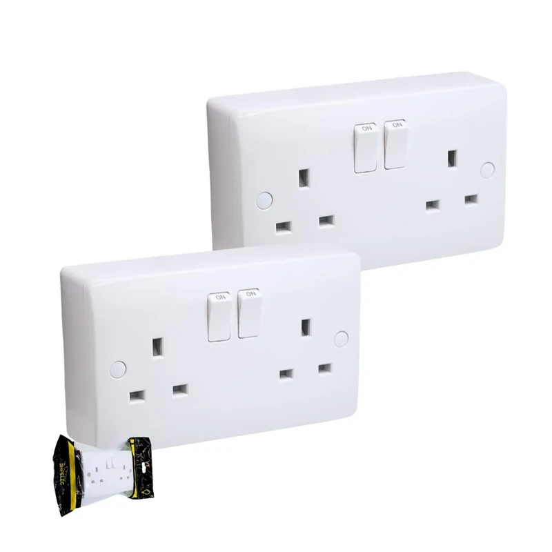 SHPELEC ® Premium Curved Edge White Electrical Sockets Range - Convenient and Versatile Power Solution (2G Socket + Back Box, 2 Pack)