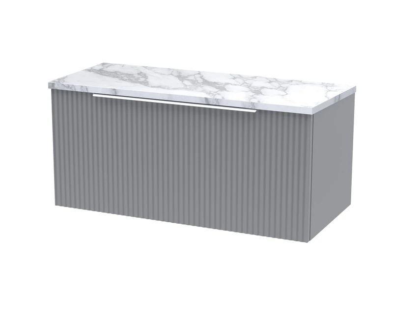Hudson Reed DFF296LCM Fluted Modern Bathroom Wall Hung Single Soft Close Drawer Vanity Unit and Carrera Marble Laminate Worktop, 800mm, Satin Grey