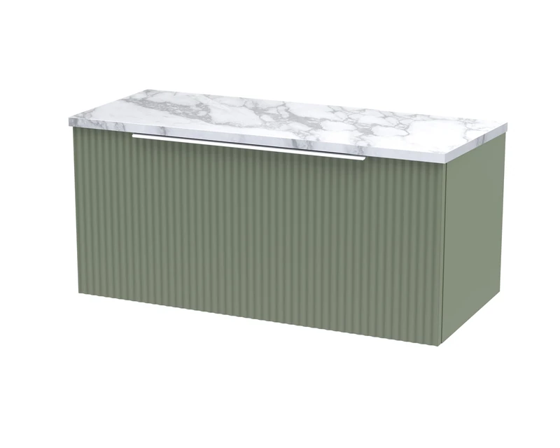 Hudson Reed DFF896LCM Fluted Modern Bathroom Wall Hung Single Soft Close Drawer Vanity Unit and Carrera Marble Laminate Worktop, 800mm, Satin Green