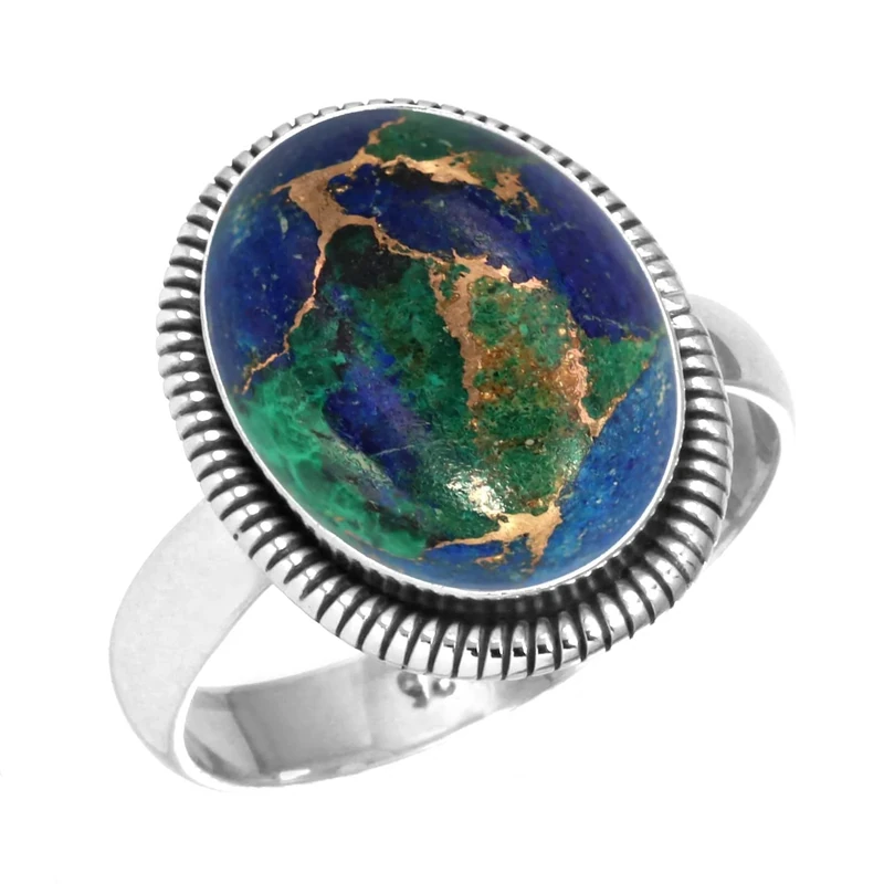 Jeweloporium Multicolor Copper Azurite Silver Ring Size Y, 925 Sterling Silver Ring for Women, Real Oval Stone Handmade Jewellery
