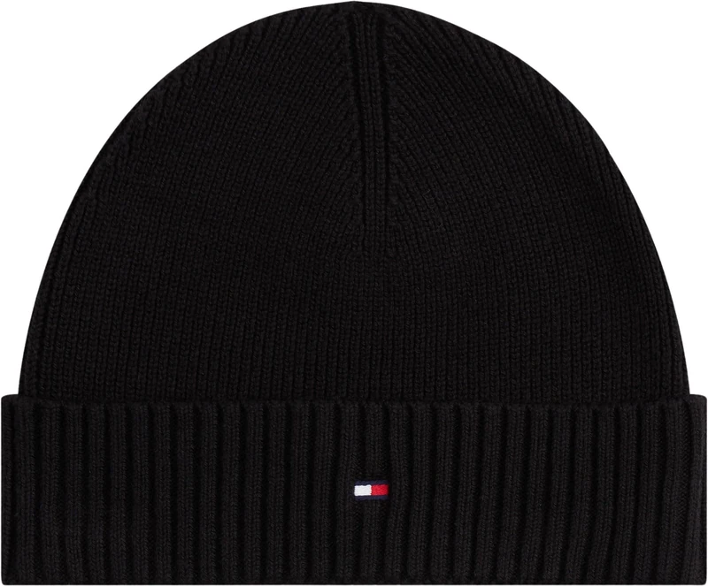 Tommy Hilfiger Men’s Flag Cotton Knitted Beanie with Cashmere, Black (Black), One Size