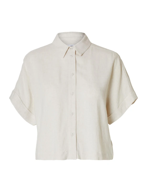 SELECTED FEMME Women's Slfviva SS Cropped Shirt Noos Short Sleeve Blouse, Sand, 14