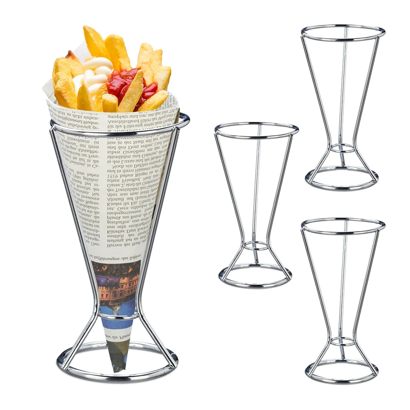 Relaxdays Chip Cones, Set of 4, Stainless Steel, French Fries Holders, HxD 16 x 9.5 cm, Cone Stand for Fries, Silver - Image 1