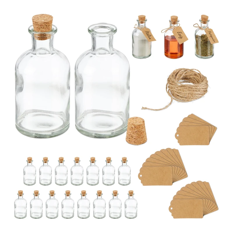 Relaxdays Decorative Bottles, Set of 20, Jars with Cork, 60 ml, for Filling, Spice Glasses, Transparent/Natural, 11.5 x 6 x 6 cm