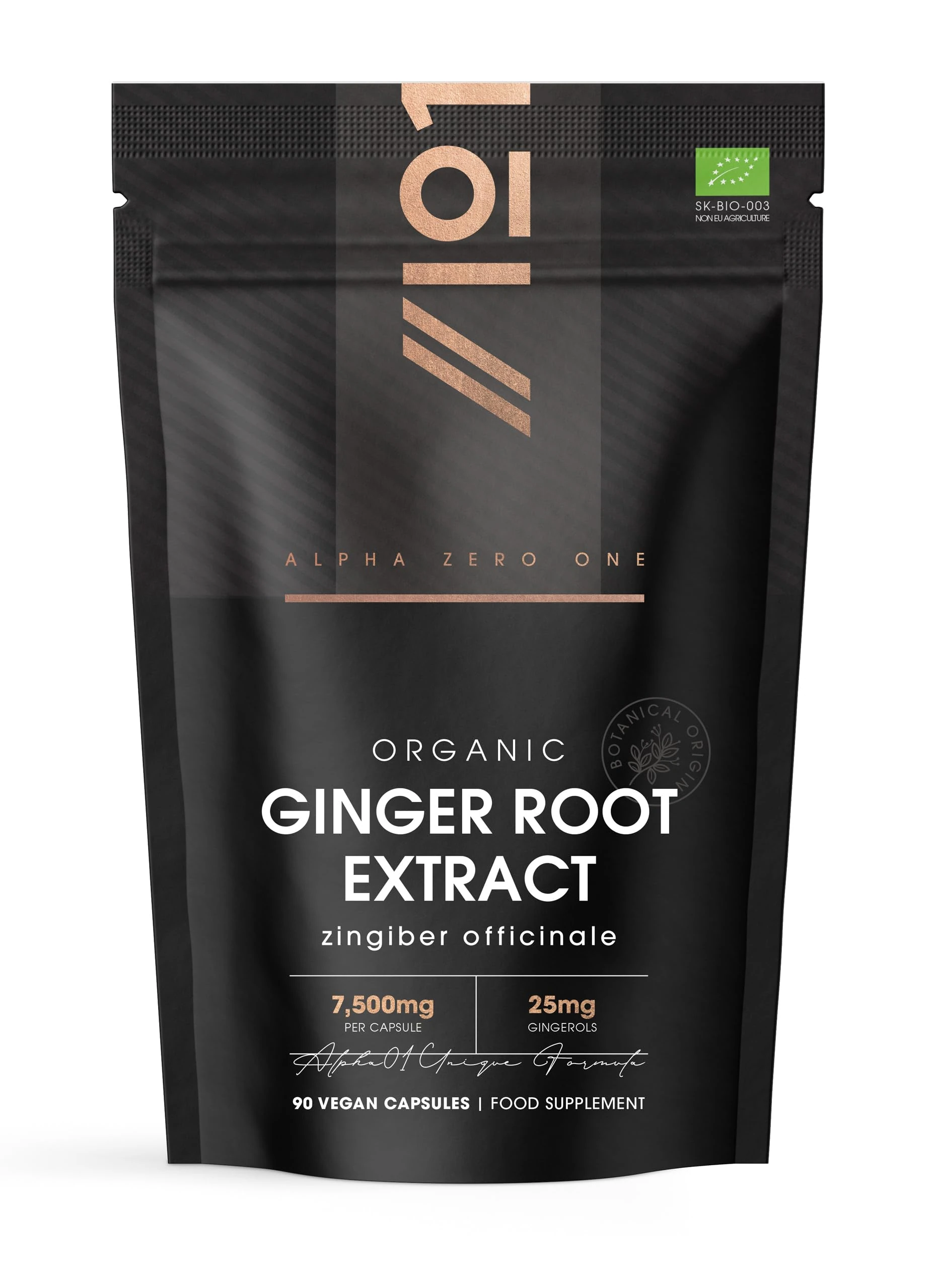 Organic Ginger Extract 7500mg – Standardised 5% Gingerols (25mg) - 90 Vegan Capsules (3 Months Supply) – Resealable and Recyclable Pouch by Alpha01