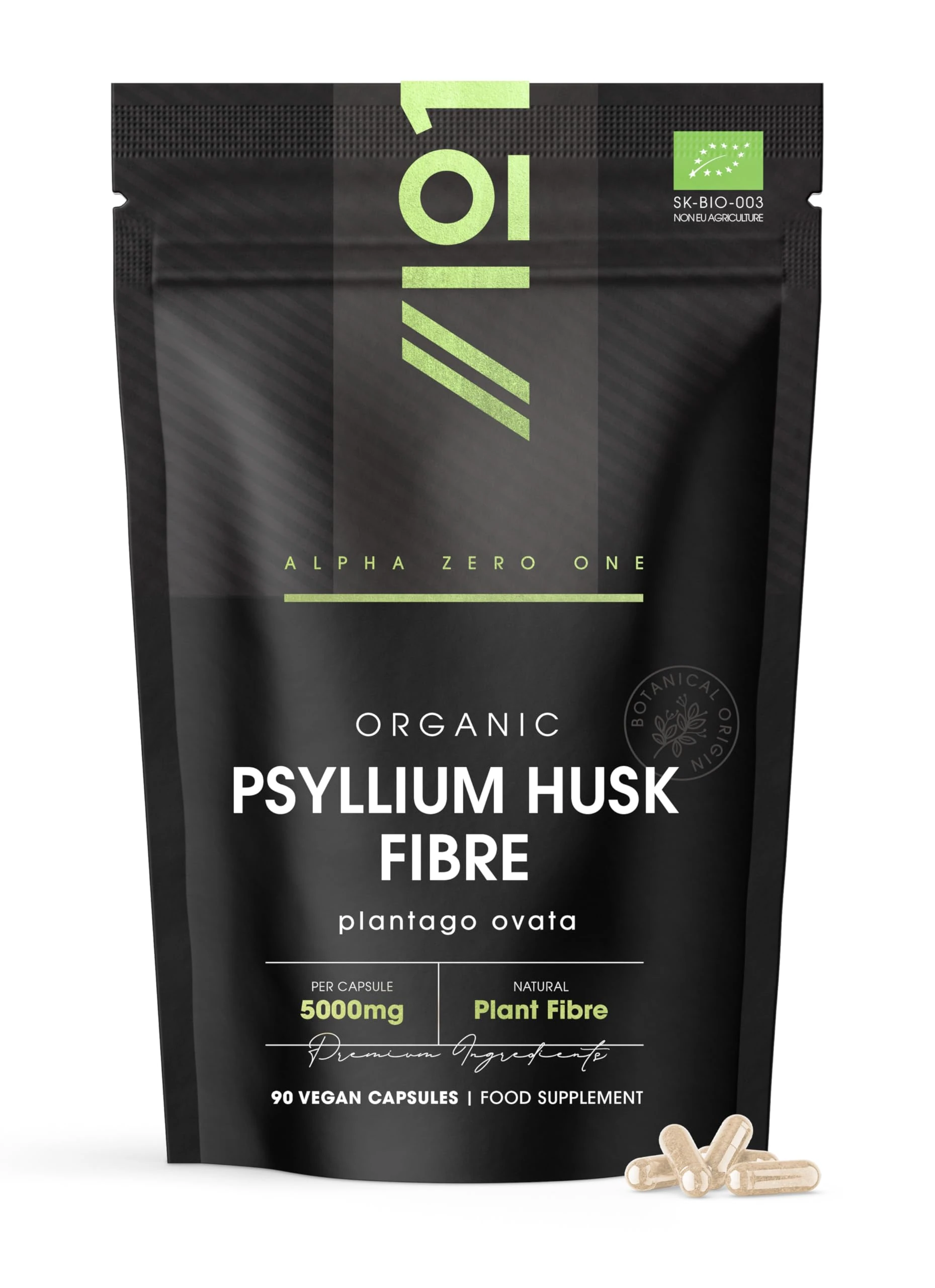 Organic Fibre Supplement 5000mg Psyllium Husk - Natural Prebiotic Fibre Supplement from Raw Plantago Ovata Seeds - 90 Vegan Capsules - Resealable and Recyclable Pouch by Alpha01