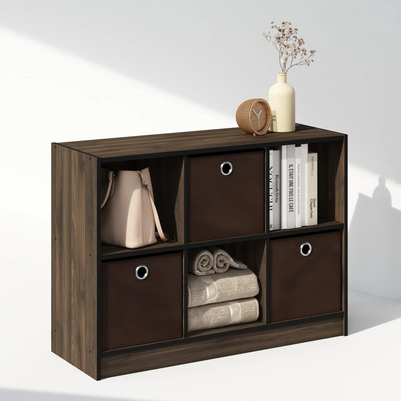 Furinno CUBIC Closet Organizers and Storage, 6-Cube Closet Organizer with Bins, Open Shelf Closet Storage, for Wardrobe, Bedroom, Living Room, Columbia Walnut/Dark Brown - Image 1
