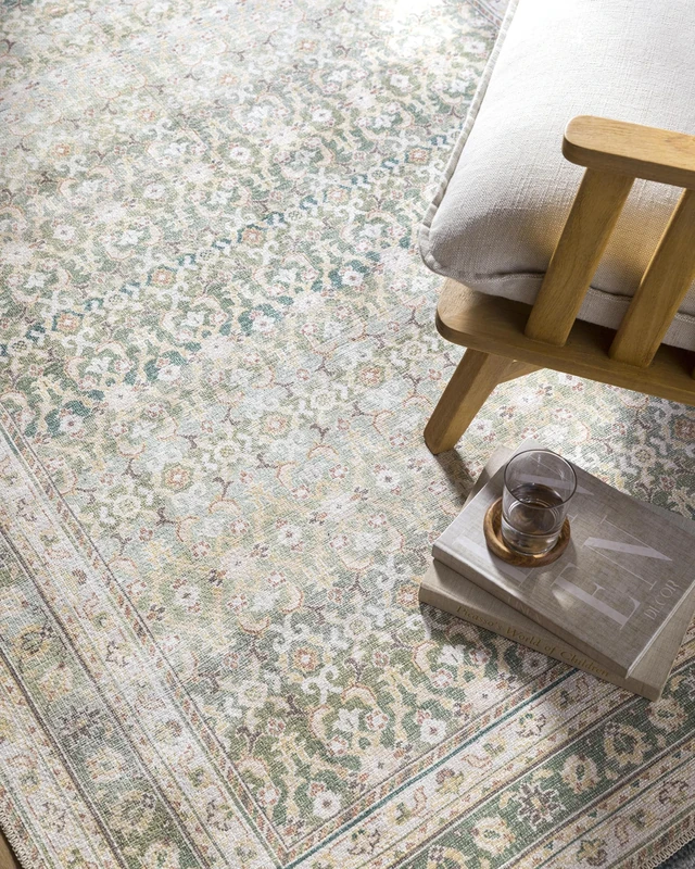 Livabliss x PNW Home's Jordyn Rainier Machine Washable Rug - Vintage Area Rugs Living Room, Large Rug 160x220 cm - Traditional Boho Style, Dining Room, Kitchen, Outdoor, Hallway - Olive, Cream