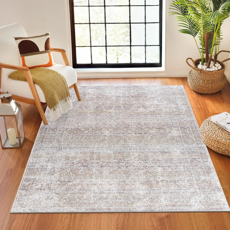 Livabliss x PNW Home's Jordyn Rainier Machine Washable Rug - Vintage Area Rugs Living Room, Large Rug 160x220 cm - Traditional Boho Style, Dining Room, Kitchen, Outdoor, Hallway - Brown, Camel
