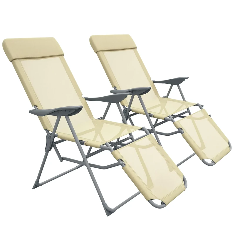 Outsunny Outdoor Sun Lounger Set of 2, Reclining Garden Chairs with Adjustable Footrest, 2 Pieces Recliner with 5-level Adjustable Backrest, Headrest, Beige