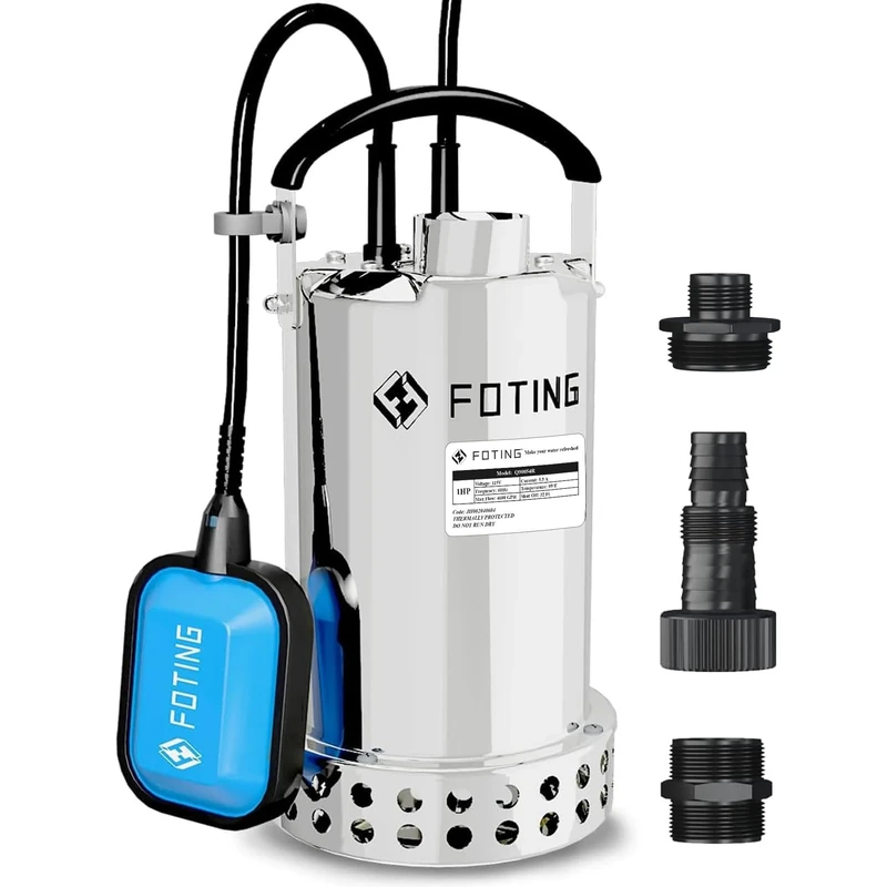 1HP Submersible Sump Pump Full 304 Stainless Steel 3821GPH, Automatic Float Switch, 3821GPH Water Pump for Pool Draining Fast Water Removal in Basement Sewage Heater Flush Pit Hot Tub Garden Pond