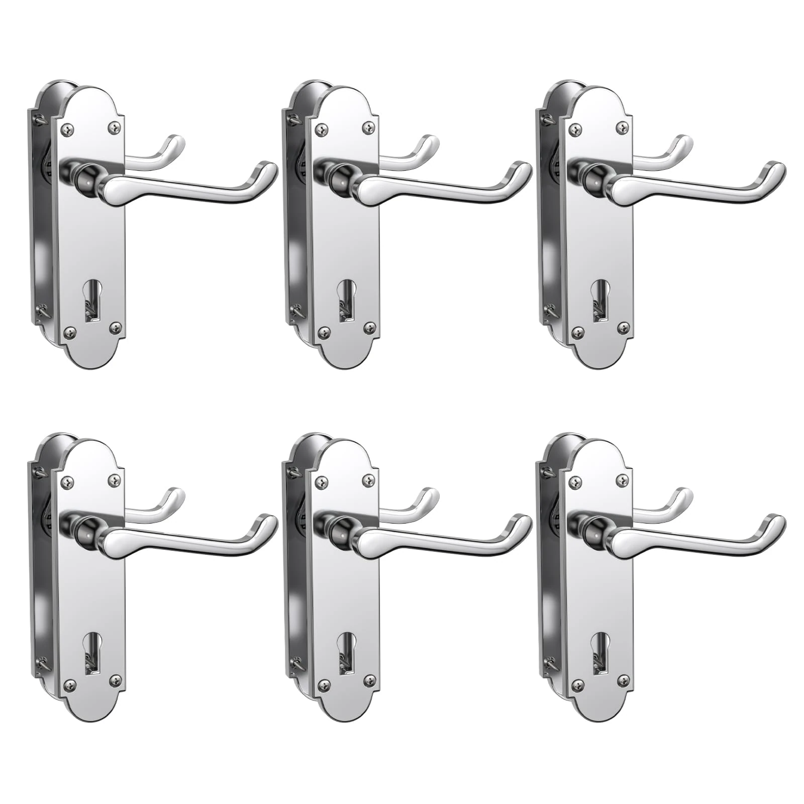 Bwintech 6 Sets Polished Chrome Richmond Lever on Plate, Latch Furniture, Backplate Door Handles, with Keyhole, Suitable for Wooden Doors