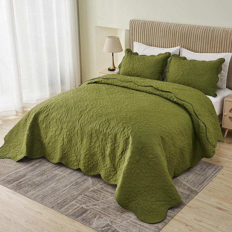 Kingnex Oversized King Bedspreads 128x120 for Tall Bed Lightweight 3 Piece Coverlet Set 1 Extra Wide Quilt 2 Pillow Shams Olive Green