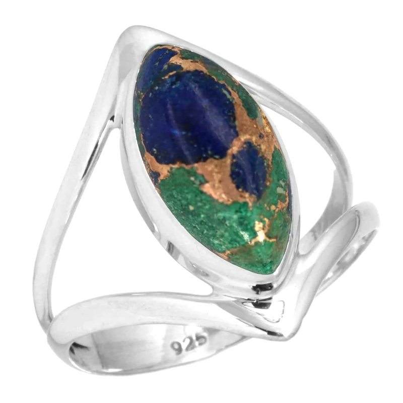 Jeweloporium Multicolor Mohave Azurite Silver Ring Size X 1/2, 925 Sterling Silver Ring for Women, Real Marquise Stone Boho Jewellery