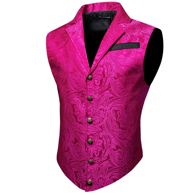 Barry.Wang Mens Paisley Victorian Suit Vest Formal/Leisure Tailored Collar Silm Fit Steampunk Gothic Tuxedo Waistcoat, Hot Pink, X-Large