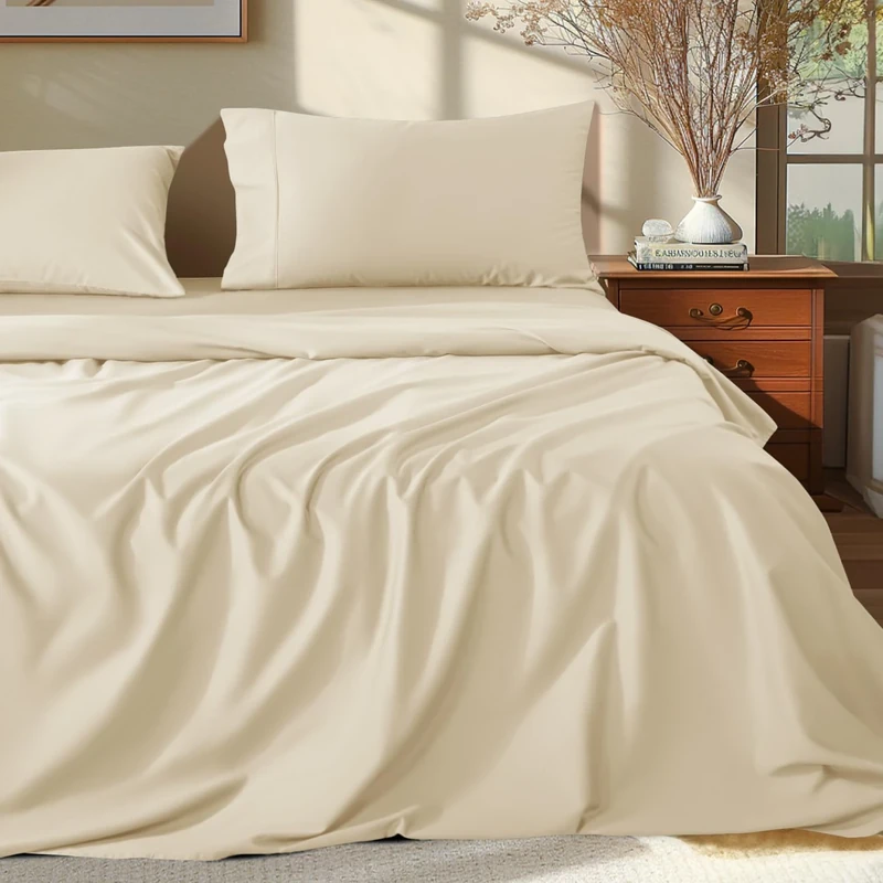 Shilucheng 100% Egyptian Cotton Queen Size Sheets Set - 1000 Thread Count，Luxury Cotton Bed Sheets，Breathable & Cooling Bedding and Pillow Cases, 16 Inch Deep Pocket - 4 Piece (Beige, Queen) - Image 1