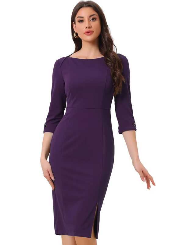 Allegra K Women's Elegant Boat Neck 3/4 Sleeves 2024 Wear to Work Midi Split Sheath Dress, Purple, XS