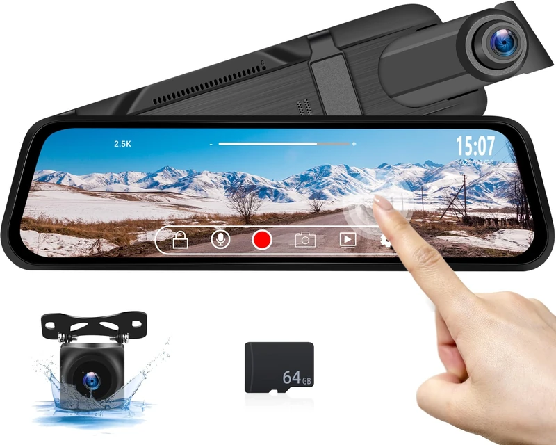 CAMECHO WIFI 4K Mirror Dash Cam Front and Rear Dual Car Cameras, 9.66" IPS Full Touch Screen with Loop Recording, Rear View Mirror Camera, HD Reverse Camera for Car, Night Vision, 64GB Card, Dashcam