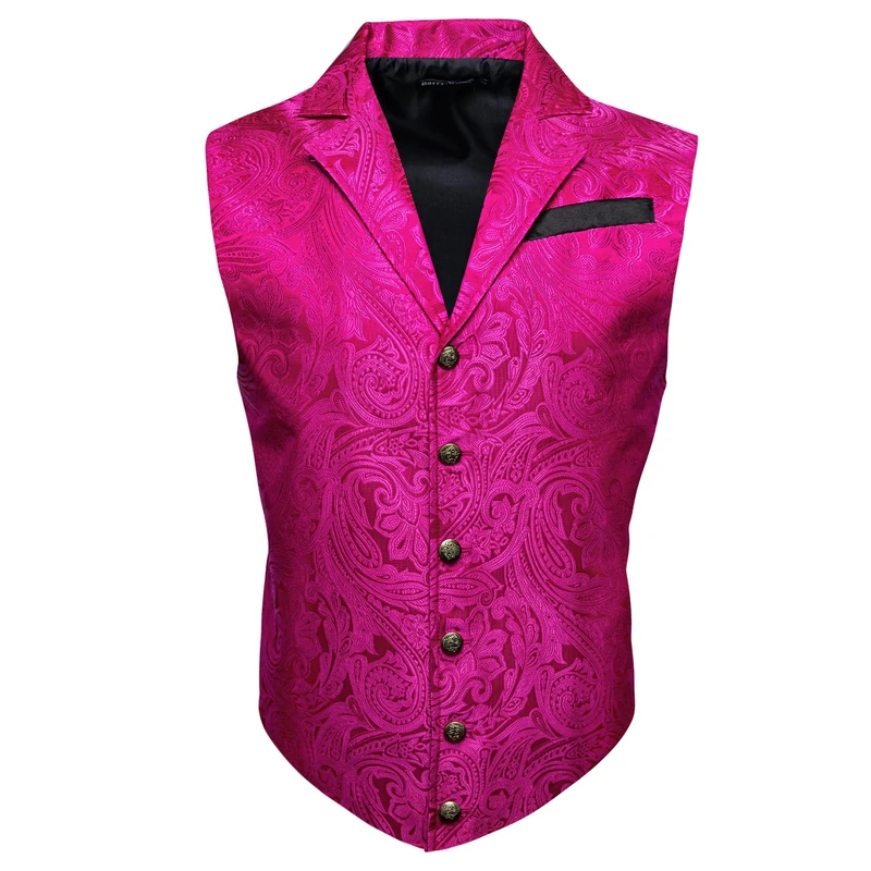 Barry.Wang Mens Paisley Victorian Suit Vest Formal/Leisure Tailored Collar Silm Fit Steampunk Gothic Tuxedo Waistcoat, Hot Pink, Small