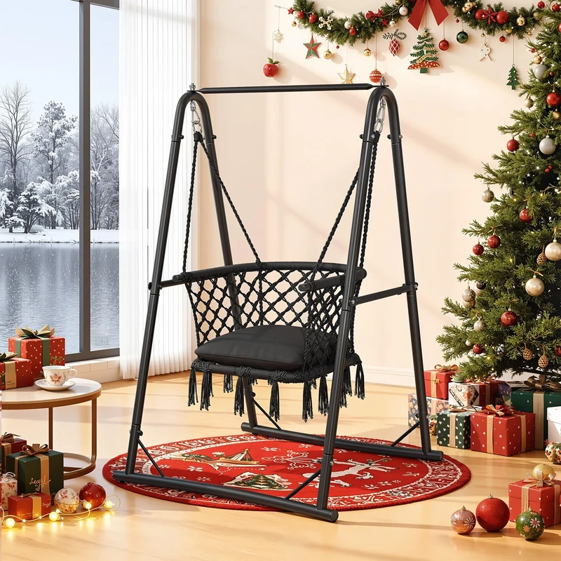 YITAHOME Hanging Chair with Stand, 105x93x160cm Hammock Swing Chair with Cushion, Heavy-Duty Steel Hammock Stand with 100kg Capacity for Living Room, Bedroom, Courtyard, Backyard and Garden, Gray