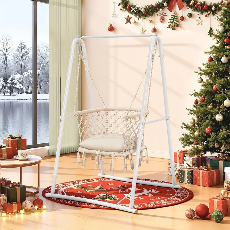YITAHOME Hanging Chair with Stand, 105x93x160cm Hammock Swing Chair with Cushion, Heavy-Duty Steel Hammock Stand with 100kg Capacity for Living Room, Bedroom, Courtyard, Backyard and Garden, White
