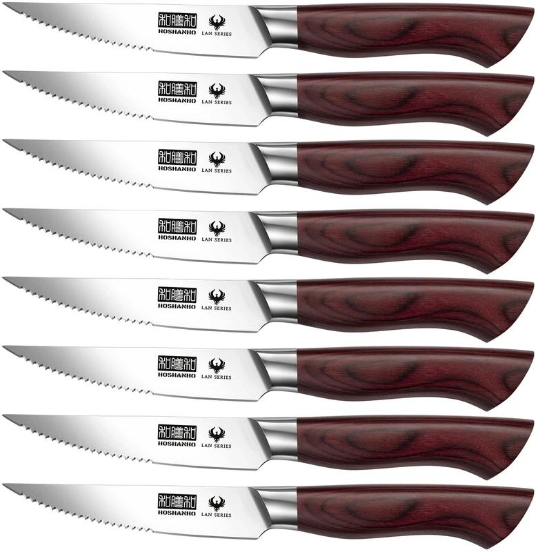 HOSHANHO Steak Knife Set 8 Pieces, 4.5 Inch Super Sharp High Carbon Stainless Steel Steak Knife Set, Professional Premium Serrated Precise Cutting with Ergonomic Wood Handle