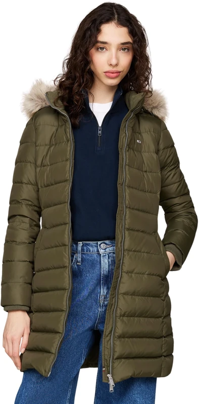 Tommy Jeans Women’s Essential Hooded Down Coat with Faux Fur, Green (Fatigue Green), XXS