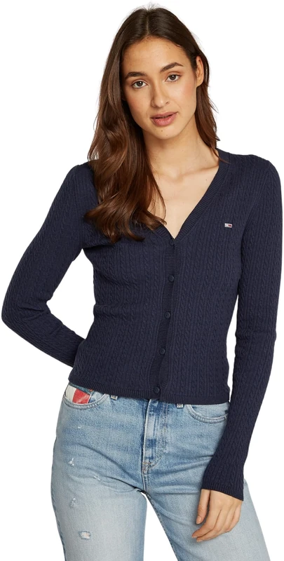 Tommy Jeans Women's Tjw Cable Essential Cardigan Dw0dw18682 Cardigan Sweater, Blue (Dark Night Navy Melange), XL